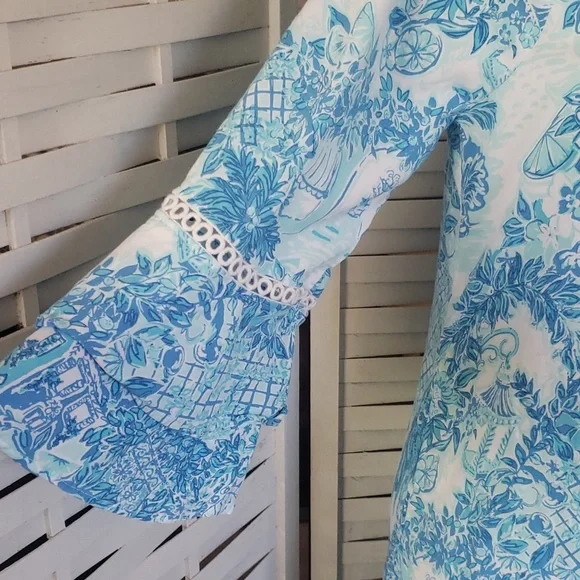 Lilly Pulitzer Azita blue and white 3/4 bell embroidery sleeves tunic dress M - Picture 3 of 6